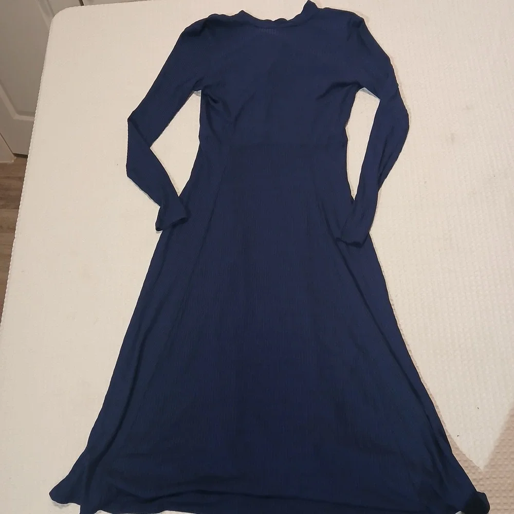 ASOS Navy Blue Ribbed Open Back Tie Maxi Dress Mock Neck Long Sleeve US 6